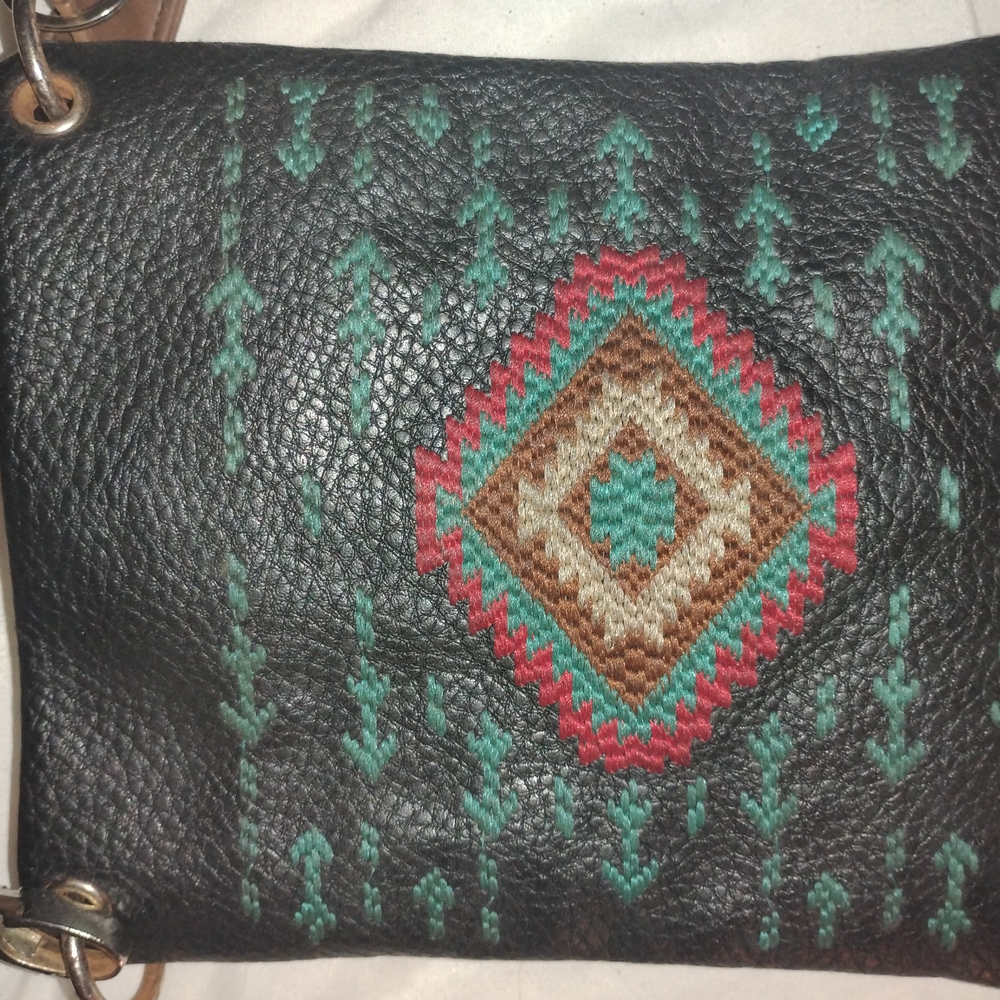 American Vintage Black Crossbody Bag with Geometric Embroidery